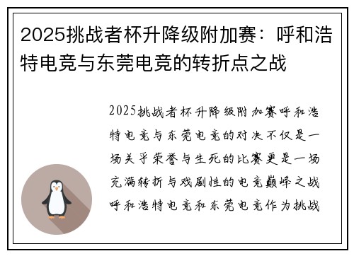2025挑战者杯升降级附加赛：呼和浩特电竞与东莞电竞的转折点之战